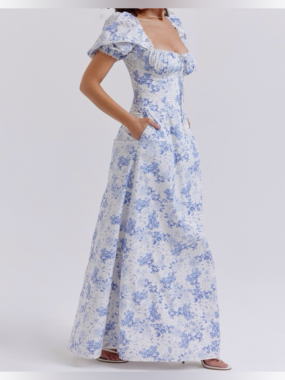 House of CB Felizia Maxi Dress Blue Floral Milkmaid Puff Sleeve Large D-E Cup